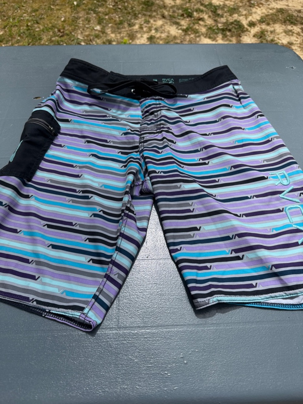 RVCA Men’s Teal, Purple & Black Striped Board Shorts